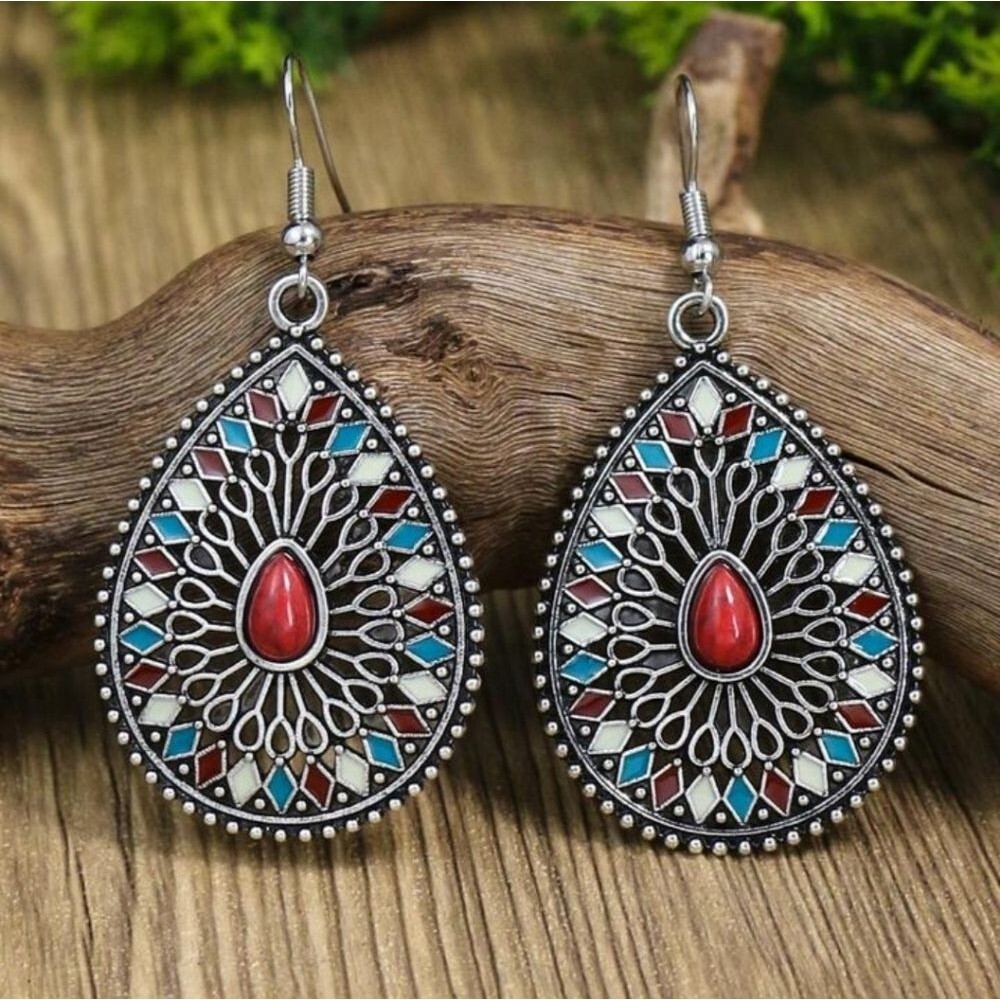 Silver red, white, blue patriotic teardrop earrings